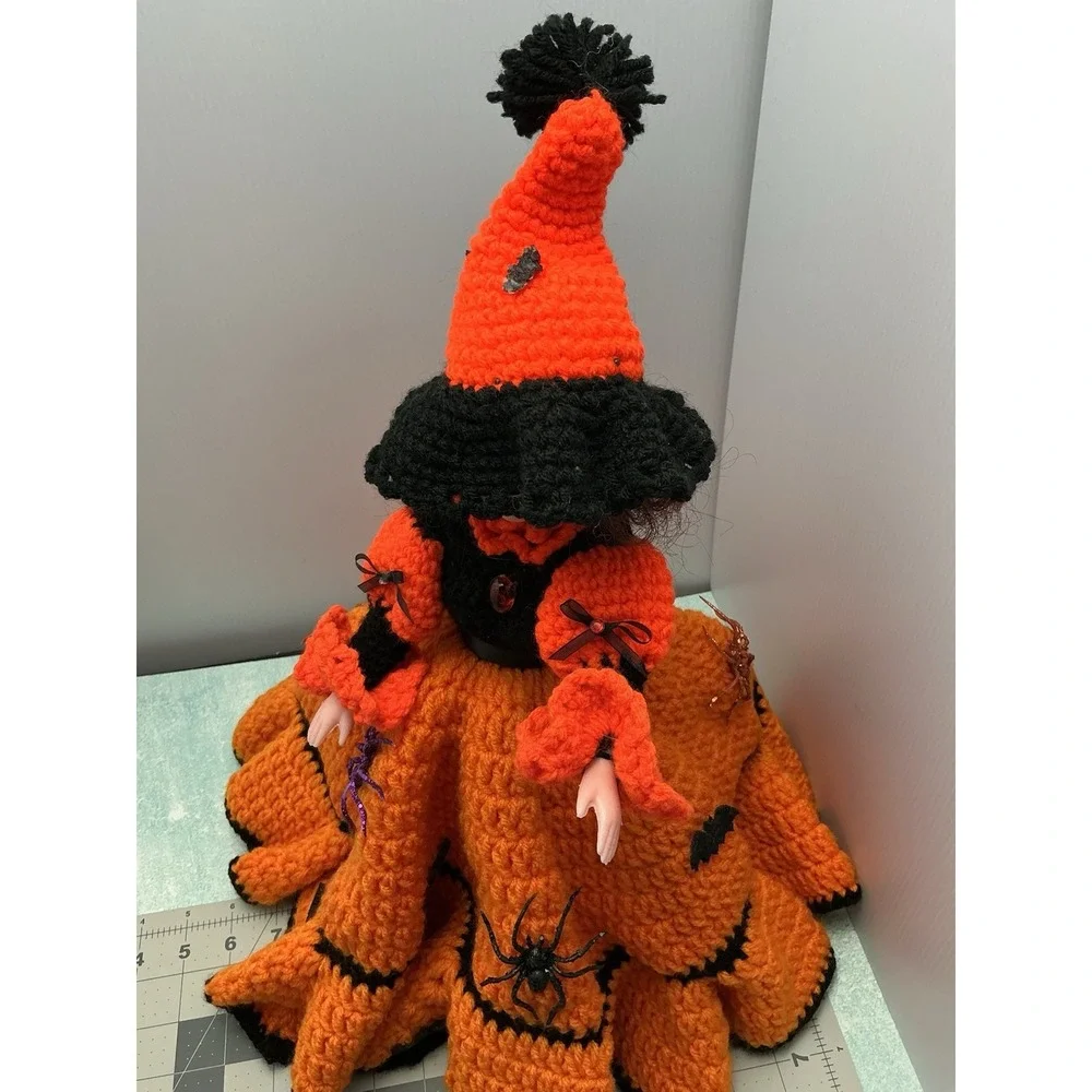 Vtg Halloween  Doll Black Hair Sleepy Eye Crochet Pumpkin Color Dress With Stand